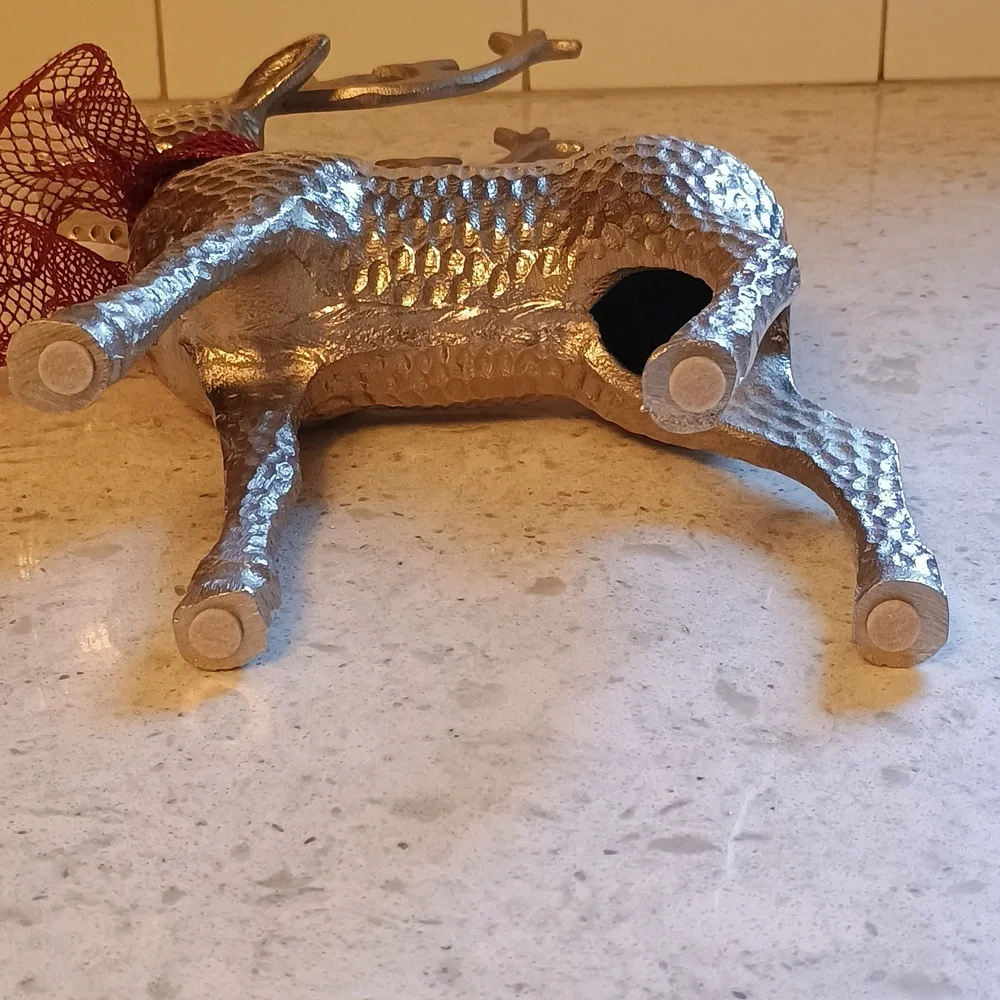 Pier 1; 14 Inch Silver Metal Reindeer Figurine & Red Scarf And Felt Pads On 🐾